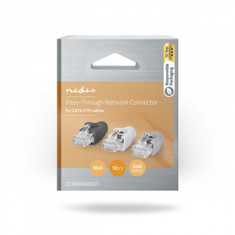 Nedis RJ45-kontakt | RJ45 Pass Through | Solid/Stranded UTP CAT6 | Rett | Gull belagt | 10 stk. | Polycarbonate | Grå / Hvit / Sort | Boks