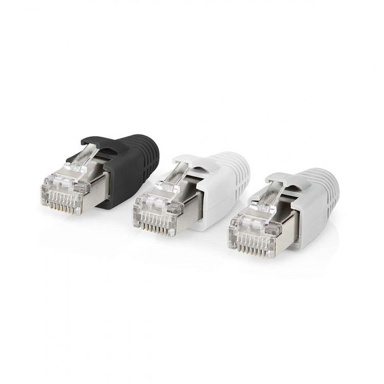 Nedis RJ45-kontakt | RJ45 Pass Through | Solid/Stranded FTP CAT6a | Rett | Gull belagt | 10 stk. | Polycarbonate | Grå / Hvit / Sort | Boks