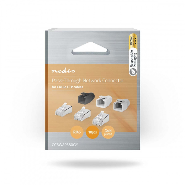 Nedis RJ45-kontakt | RJ45 Pass Through | Solid/Stranded FTP CAT6a | Rett | Gull belagt | 10 stk. | Polycarbonate | Grå / Hvit / Sort | Boks