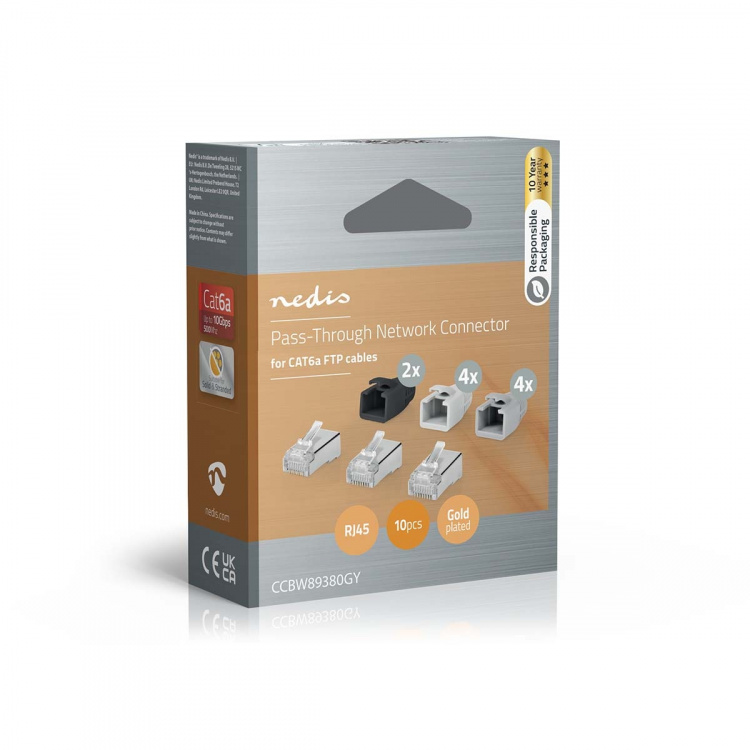 Nedis RJ45-kontakt | RJ45 Pass Through | Solid/Stranded FTP CAT6a | Rett | Gull belagt | 10 stk. | Polycarbonate | Grå / Hvit / Sort | Boks