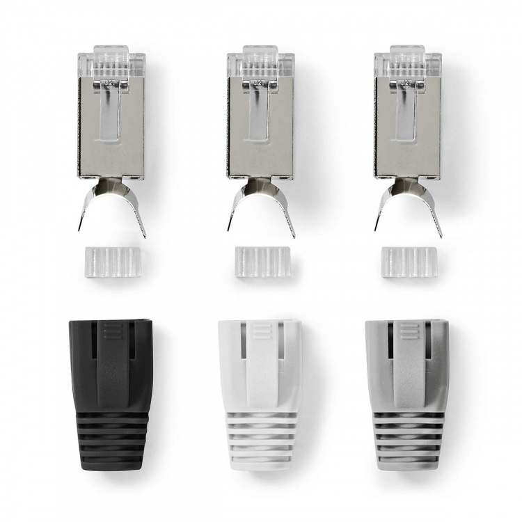 Nedis RJ45-kontakt | RJ45 Pass Through | Solid/Stranded FTP CAT7 | Rett | Gull belagt | 10 stk. | Polycarbonate | Grå / Hvit / Sort | Boks Nedis RJ45-kontakt | RJ45 Pass Through | Solid/Stranded FTP CAT7 | Rett | Gull belagt | 10 stk. | Polycarbonate | Grå / Hvit / Sort | Boks