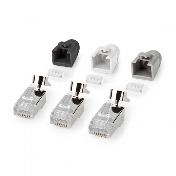 Nedis RJ45-kontakt | RJ45 Pass Through | Solid/Stranded FTP CAT7 | Rett | Gull belagt | 10 stk. | Polycarbonate | Grå / Hvit / Sort | Boks Nedis RJ45-kontakt | RJ45 Pass Through | Solid/Stranded FTP CAT7 | Rett | Gull belagt | 10 stk. | Polycarbonate | Grå / Hvit / Sort | Boks