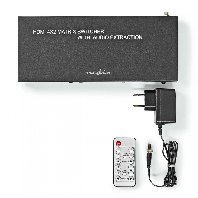 Nedis HDMI ™ Matrix Switch | 4 stk. 2-porters port(s) | 4x HDMI™ Input | 2x 3.5 mm / 2x HDMI™ Output / 2x TosLink | 4K@60Hz | 18 Gbps | Fjernstyrtkontrolert | Metall | Antrasitt