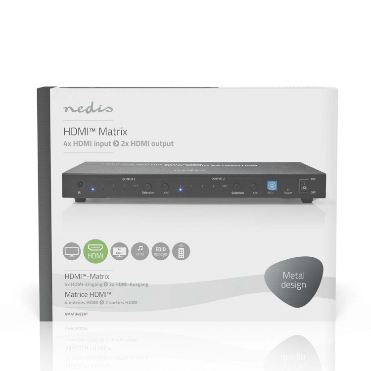 Nedis HDMI ™ Matrix Switch | 4 stk. 2-porters port(s) | 4x HDMI™ Input | 2x 3.5 mm / 2x HDMI™ Output / 2x TosLink | 4K@60Hz | 18 Gbps | Fjernstyrtkontrolert | Metall | Antrasitt