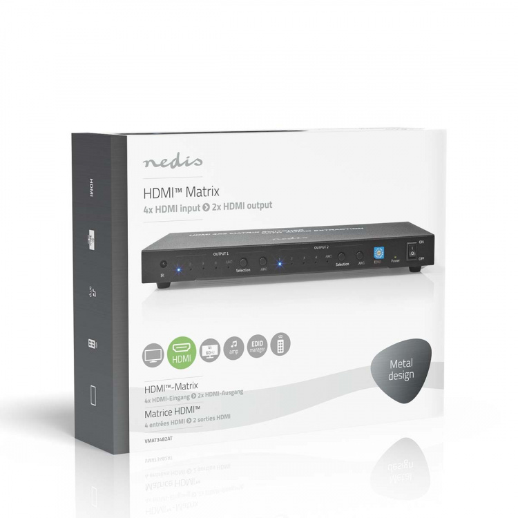 Nedis HDMI ™ Matrix Switch | 4 stk. 2-porters port(s) | 4x HDMI™ Input | 2x 3.5 mm / 2x HDMI™ Output / 2x TosLink | 4K@60Hz | 18 Gbps | Fjernstyrtkontrolert | Metall | Antrasitt