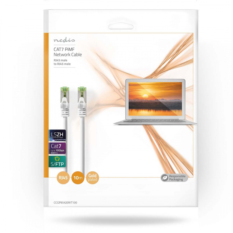 Nedis CAT7 nettverkskabel | S/FTP | RJ45 Han | RJ45 Han | 10.0 m | Snagless | Rund | LSZH | Hvit | Konvolutt Nedis CAT7 nettverkskabel | S/FTP | RJ45 Han | RJ45 Han | 10.0 m | Snagless | Rund | LSZH | Hvit | Konvolutt
