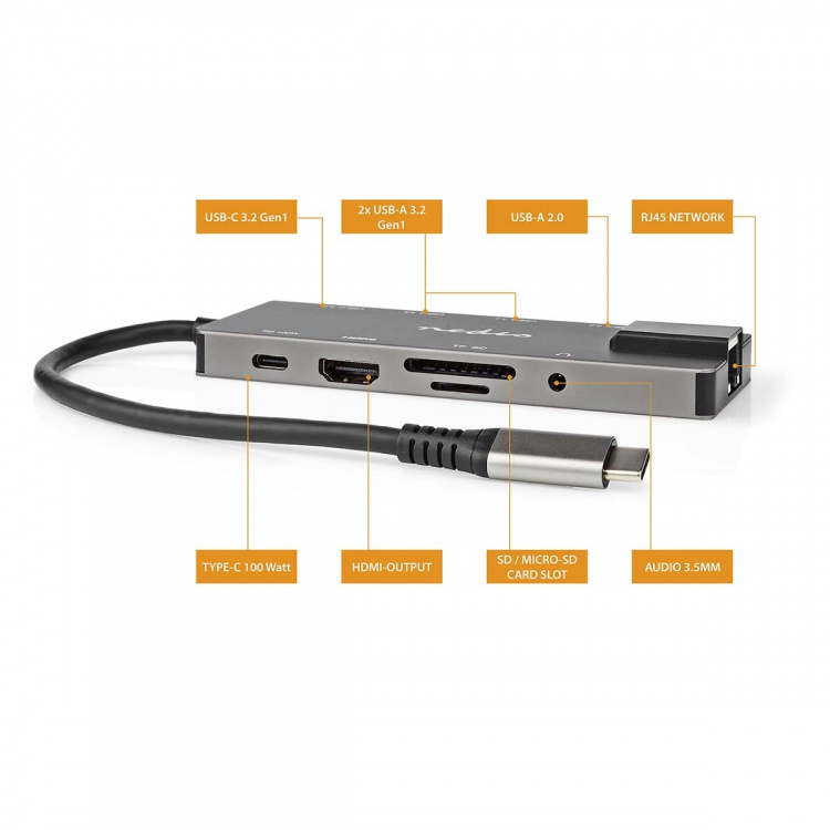 Nedis USB Multi-Port Adapter | 10-i-1 | USB 3.2 Gen 1 | USB-C™ Hann | HDMI™ Output / RJ45 Hun / SD / 2x USB-C™ / 3.5 mm Hun / 3x USB-A Hunn | 5 Gbps | 0.20 m | Rund | Gull belagt | PVC | Antrasitt | Boks