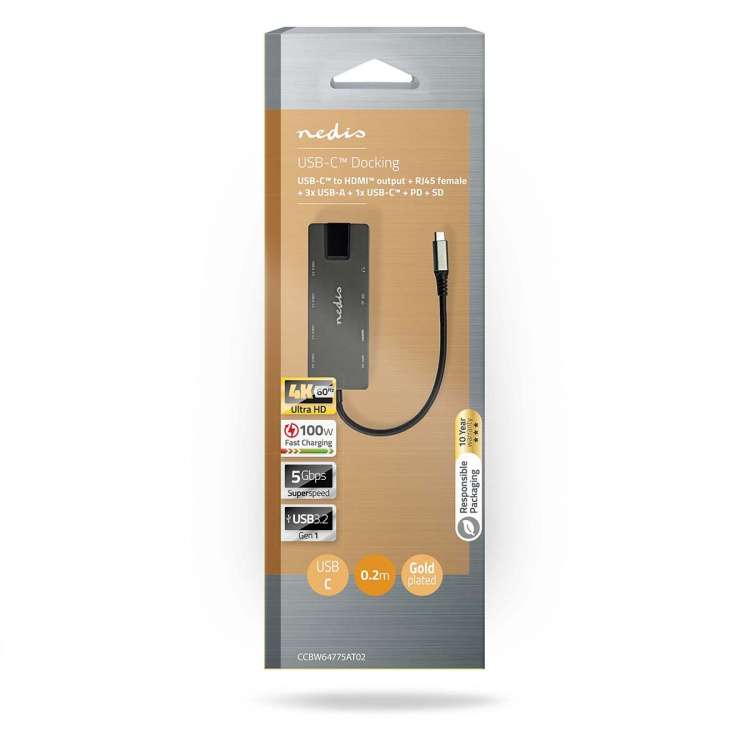 Nedis USB Multi-Port Adapter | 10-i-1 | USB 3.2 Gen 1 | USB-C™ Hann | HDMI™ Output / RJ45 Hun / SD / 2x USB-C™ / 3.5 mm Hun / 3x USB-A Hunn | 5 Gbps | 0.20 m | Rund | Gull belagt | PVC | Antrasitt | Boks