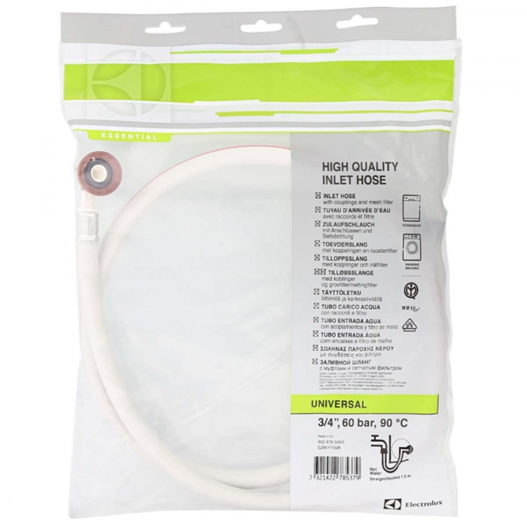 Electrolux E2WIH150A Innløp Slange 3/4 Tommer Rett - 3/4\'\' Vinklet 10 bar 90 °C 1.50 m