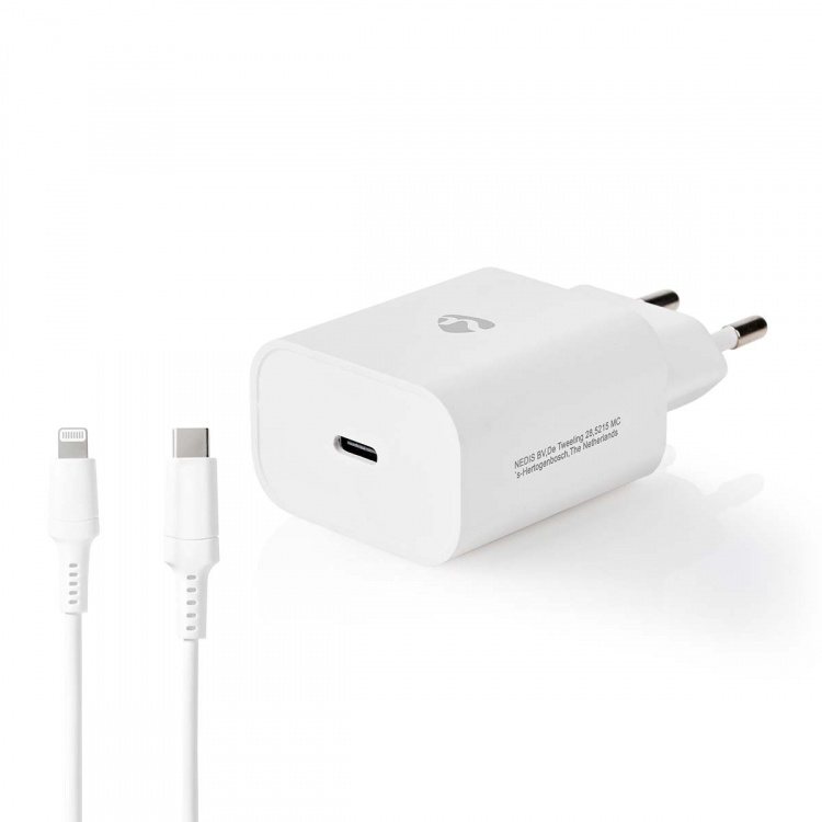 Nedis vegg lader | 20 W | PD3.0 20W | Hurtigladefunksjon | 1.67 A / 2.22 A / 3.0 A | Antall utganger: 1 | USB-C™ | Lightning 8-Pin (Løs) Kabel | 1.00 m | Automatisk Spenning Utvalg | Hvit