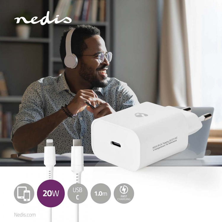 Nedis vegg lader | 20 W | PD3.0 20W | Hurtigladefunksjon | 1.67 A / 2.22 A / 3.0 A | Antall utganger: 1 | USB-C™ | Lightning 8-Pin (Løs) Kabel | 1.00 m | Automatisk Spenning Utvalg | Hvit