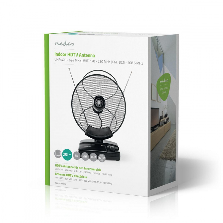 Nedis innendørs antenne | Aktiv | FM / UHF / VHF | Mottaksområde: 0-25 km | LTE700 | Forsterkning: 36 dB | Forsterkningskontroll | ABS | Sort