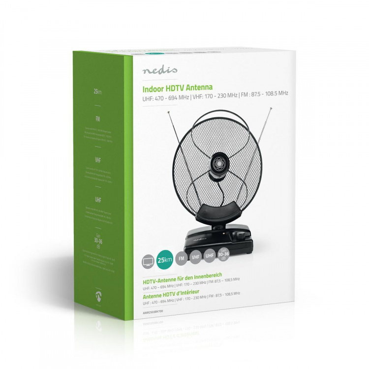 Nedis innendørs antenne | Aktiv | FM / UHF / VHF | Mottaksområde: 0-25 km | LTE700 | Forsterkning: 36 dB | Forsterkningskontroll | ABS | Sort