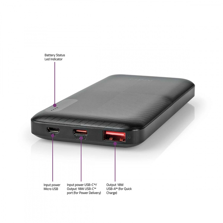 Nedis Power Bank | 10000 mAh | 1.5 / 2.0 / 3.0 A | Antall utganger: 2 | Utgangstilkobling: 1x USB-A / 1x USB-C™ | Inngangstilkobling: 1x Micro USB / 1x USB-C™ | PD2.0 18W | Lithium-Polymer Nedis Power Bank | 10000 mAh | 1.5 / 2.0 / 3.0 A | Antall utganger: 2 | Utgangstilkobling: 1x USB-A / 1x USB-C™ | Inngangstilkobling: 1x Micro USB / 1x USB-C™ | PD2.0 18W | Lithium-Polymer