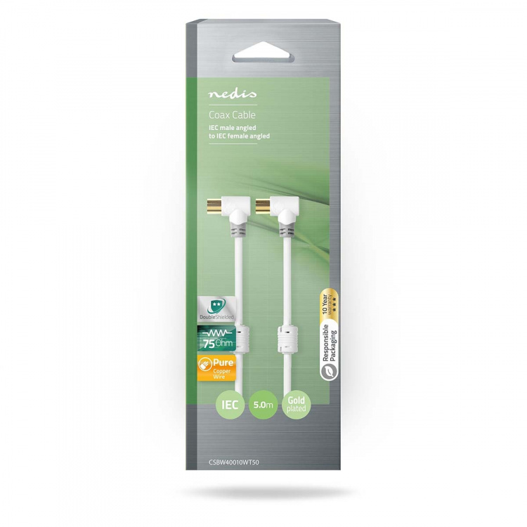 Nedis Coax Cable | IEC (Coax) Han | IEC (Coax) Hun | Gull belagt | 100 dB | 75 Ohm | Dobbelt skjermet | 5.00 m | Rund | PVC | Hvit | Boks