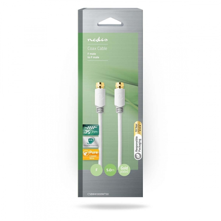 Nedis Satellite & Antennekabel | F Han | F Han | Gull belagt | 90 dB | 75 Ohm | Singel Skjermet | 5.00 m | Rund | PVC | Hvit | Boks