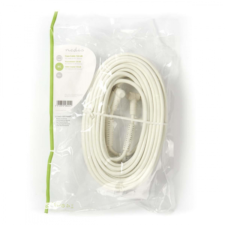Nedis Coax Cable | IEC (Coax) Han | IEC (Coax) Hun | Nikkel belagt | 120 dB | 75 Ohm | Quad skjermet | 20.0 m | Rund | PVC | Hvit | Plastpose