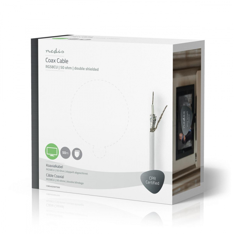 Nedis Tale Kabel på Snelle | RG58C/U | 50 Ohm | Dobbelt skjermet | ECA | 50.0 m | Koax | PVC | Hvit | Gaveeske