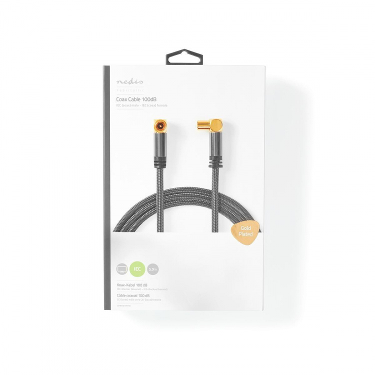 Nedis Coax Cable | IEC (Coax) Han | IEC (Coax) Hun | Gull belagt | 75 Ohm | Quad skjermet | 5.00 m | Rund | Bomull | Grå / Gun Metal Grå | Deksel Vindusboks