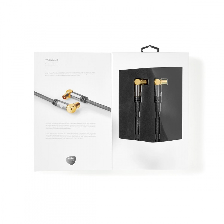 Nedis Coax Cable | IEC (Coax) Han | IEC (Coax) Hun | Gull belagt | 75 Ohm | Quad skjermet | 5.00 m | Rund | Bomull | Grå / Gun Metal Grå | Deksel Vindusboks
