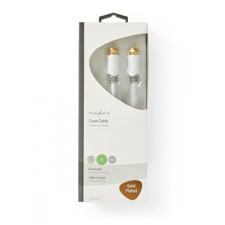 Nedis Satellite & Antennekabel | F Han | F Han | Gull belagt | 90 dB | 75 Ohm | Singel Skjermet | 3.00 m | Rund | PVC | Hvit | Boks