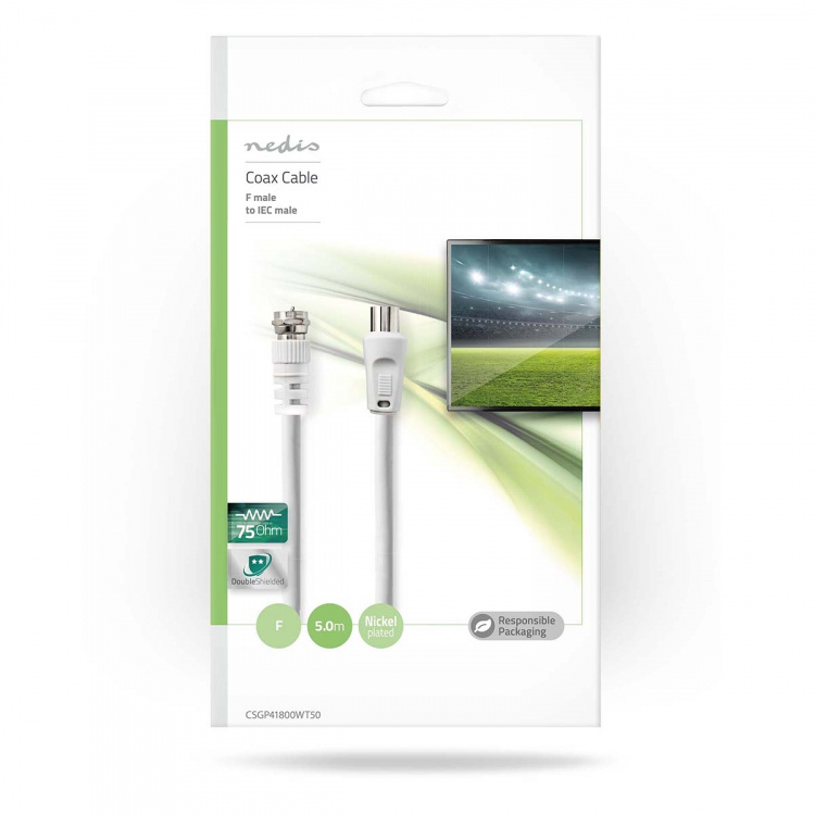 Nedis Satellite & Antennekabel | F Han | IEC (Coax) Han | Nikkel belagt | 30 dB | 75 Ohm | Dobbelt skjermet | 5.00 m | Rund | PVC | Hvit | Konvolutt