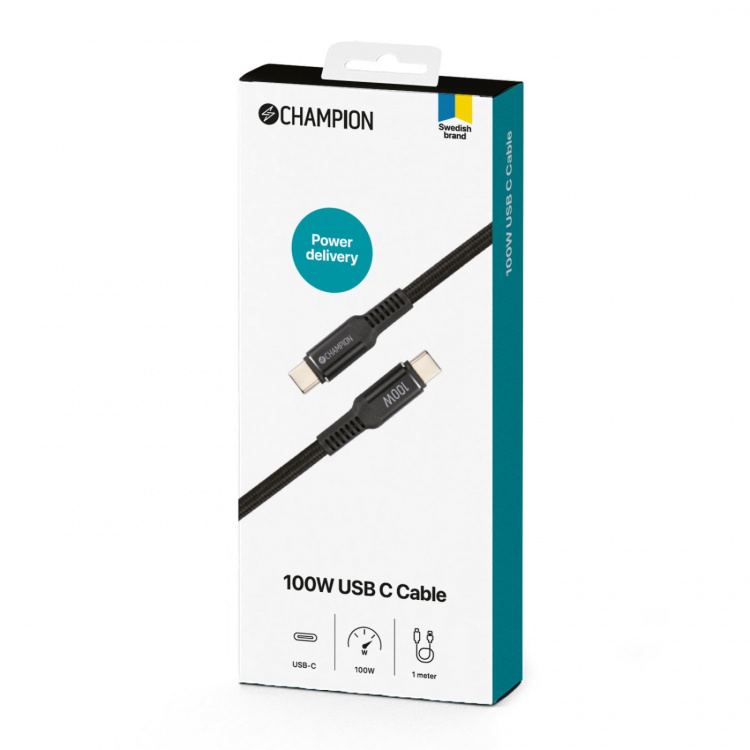 Champion USB-C-kabel 100W 1m svart Champion USB-C-kabel 100W 1m svart