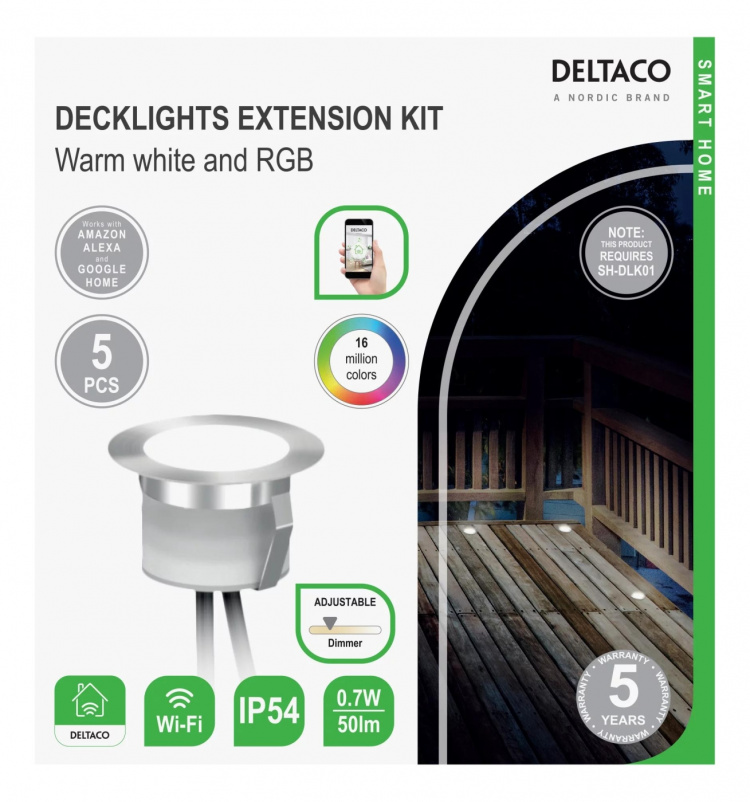 DELTACO Smart H decklight extens kit 5 lys varmt hvitt lys RGB