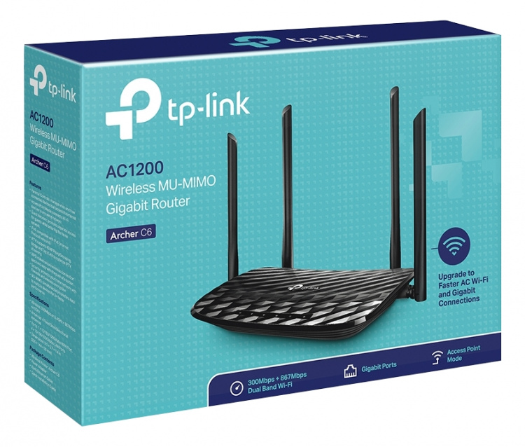 tplink Archer C6 AC1200 trådløs MU-MIMO Gbit 2,4/5GHz 4xRJ45