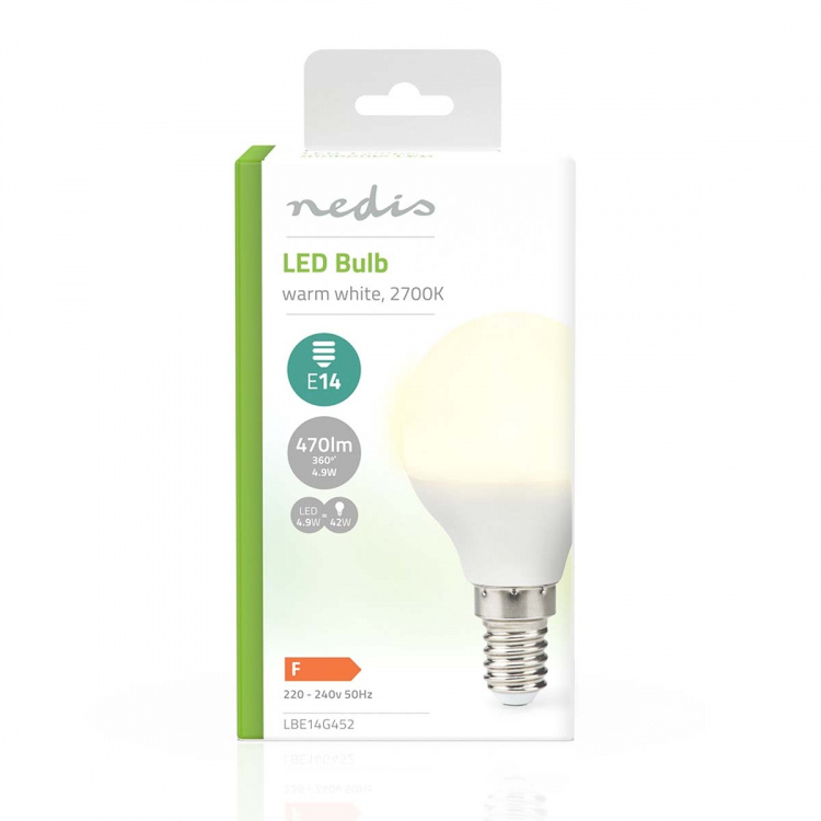 Nedis LED pære E14 | G45 | 4.9 W | 470 lm | 2700 K | Varm Hvit | Frosted | 1 stk Nedis LED pære E14 | G45 | 4.9 W | 470 lm | 2700 K | Varm Hvit | Frosted | 1 stk