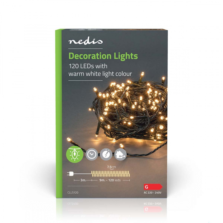 Nedis Julebelysning | Streng | 120 LED\'s | Varm Hvit | 9.00 m | Lyseffekter: 7 | Innendørs eller utendørs | Nettstrøm drevet