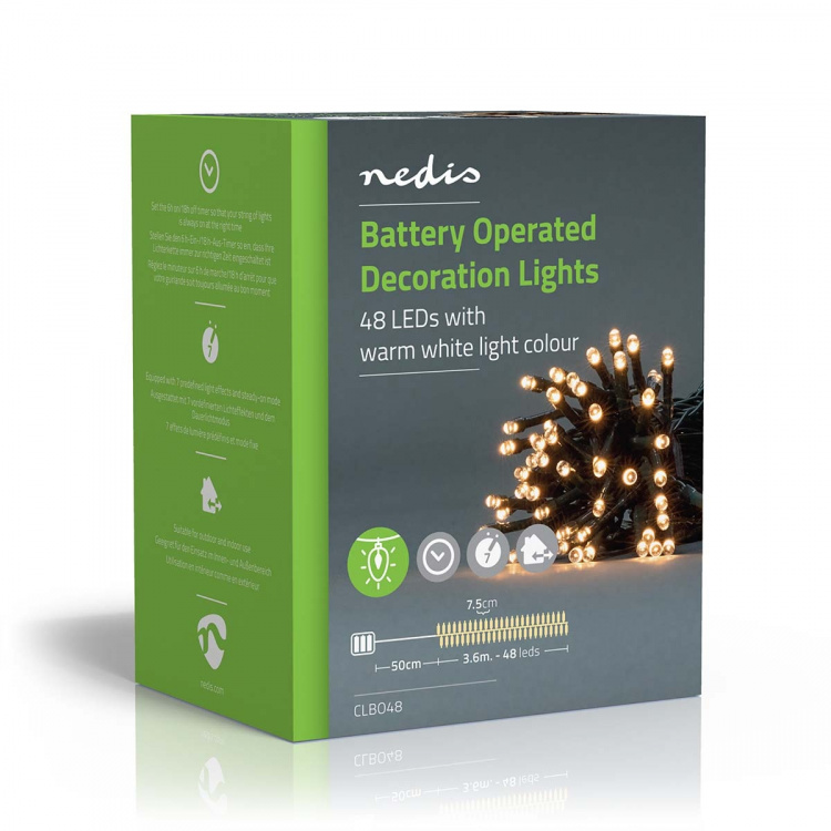 Nedis Julebelysning | Streng | 48 LED\'s | Varm Hvit | 3.60 m | Lyseffekter: 7 | Innendørs eller utendørs | Batteri drevet