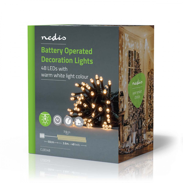 Nedis Julebelysning | Streng | 48 LED\'s | Varm Hvit | 3.60 m | Lyseffekter: 7 | Innendørs eller utendørs | Batteri drevet