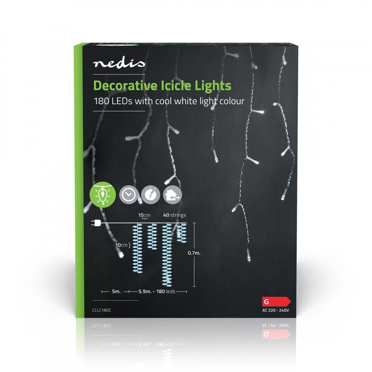 Nedis Dekorative Istaplys | 180 LED\'s | Kald Hvit | 5.90 m | Lyseffekter: 7 | Nettstrøm drevet Nedis Dekorative Istaplys | 180 LED\'s | Kald Hvit | 5.90 m | Lyseffekter: 7 | Nettstrøm drevet