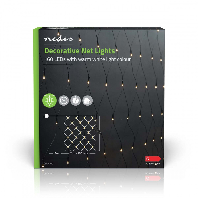 Nedis Dekorative Nettlys | Varm Hvit | 160 LED\'s | 2 x 1 m | Lyseffekter: 7 | Innendørs eller utendørs | Nettstrøm drevet