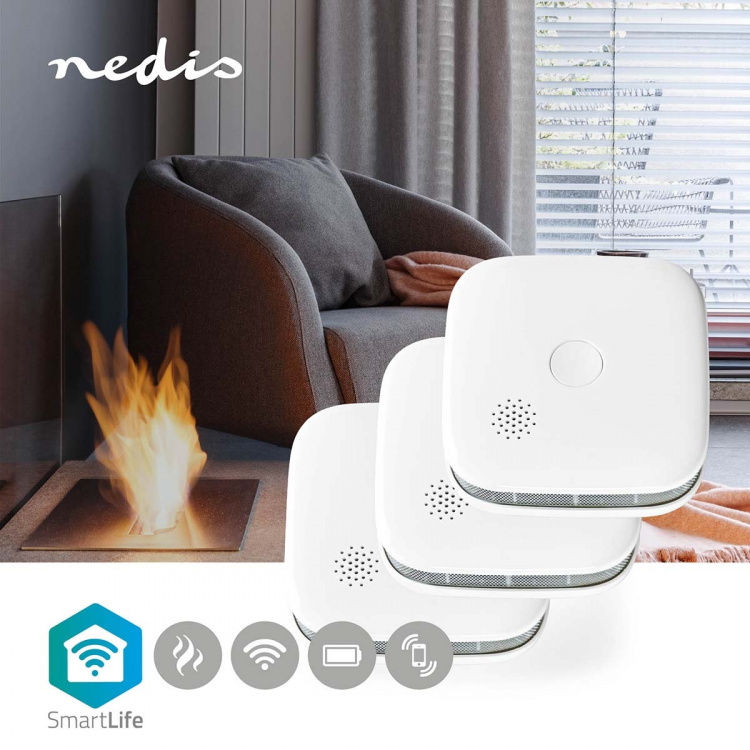 Nedis SmartLife Røykvarsler | Wi-Fi | Batteri drevet | Sensorlivssyklus: 10 år | EN 14604 | Maks. batteri levetid: 24 Måned | 85 dB | Hvit | 3 stk