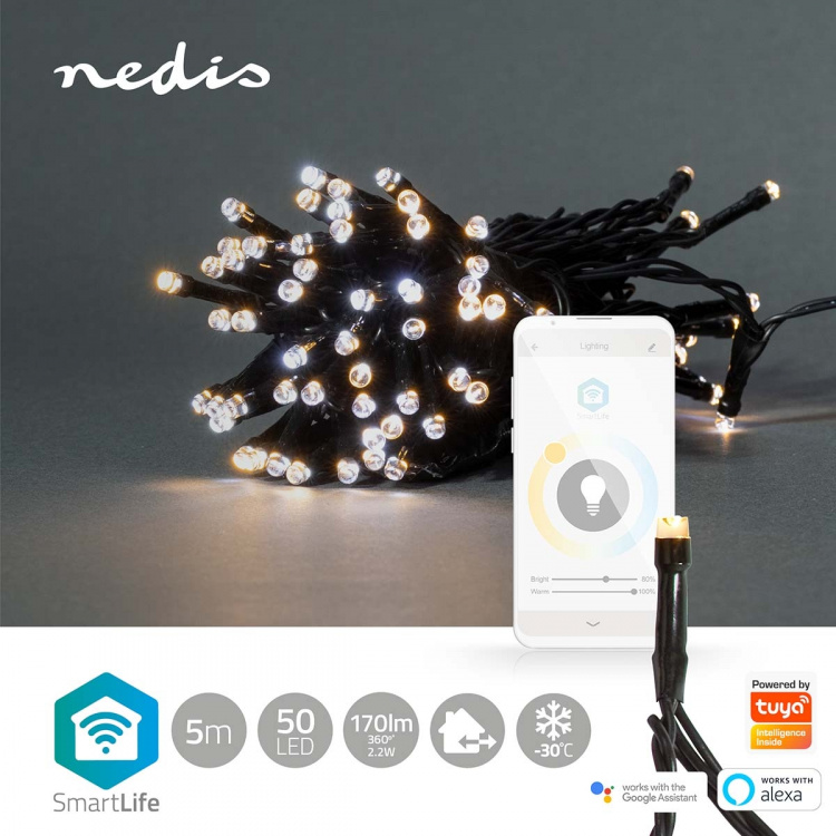 Nedis SmartLife Julelys | Streng | Wi-Fi | Varm til avkjølt hvitt | 50 LED\'s | 5.00 m | Android™ / IOS