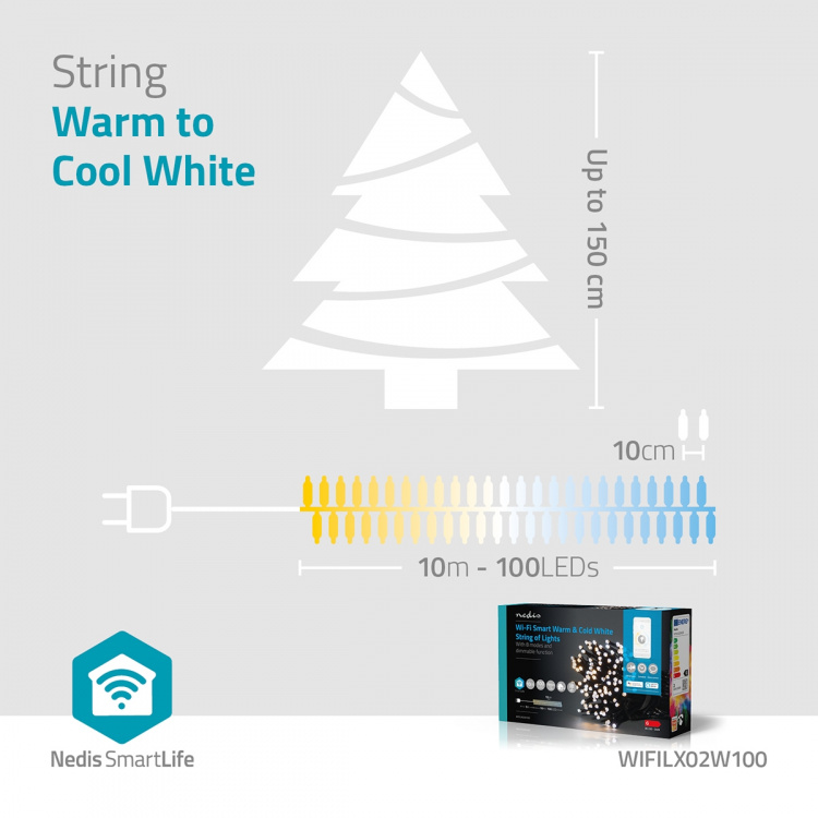 Nedis SmartLife Julelys | Streng | Wi-Fi | Varm til avkjølt hvitt | 100 LED\'s | 10.0 m | Android™ / IOS Nedis SmartLife Julelys | Streng | Wi-Fi | Varm til avkjølt hvitt | 100 LED\'s | 10.0 m | Android™ / IOS