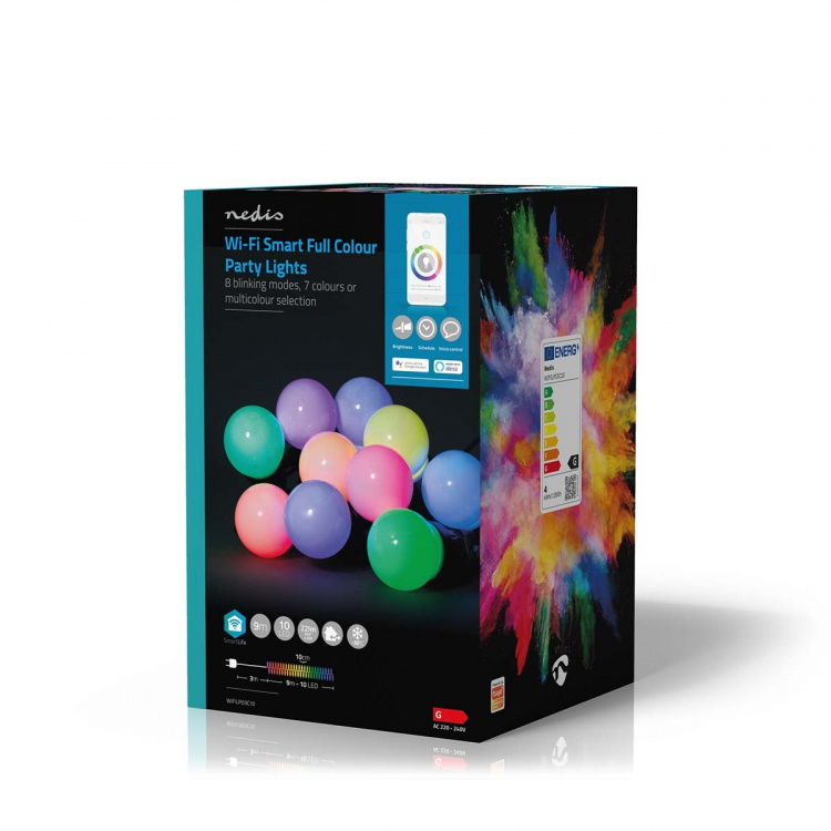 Nedis SmartLife Dekorative Lys | Party Lights | Wi-Fi | Hvit / RGB | 10 LED\'s | 9.00 m | Android™ / IOS | Pære diameter: 50 mm Nedis SmartLife Dekorative Lys | Party Lights | Wi-Fi | Hvit / RGB | 10 LED\'s | 9.00 m | Android™ / IOS | Pære diameter: 50 mm