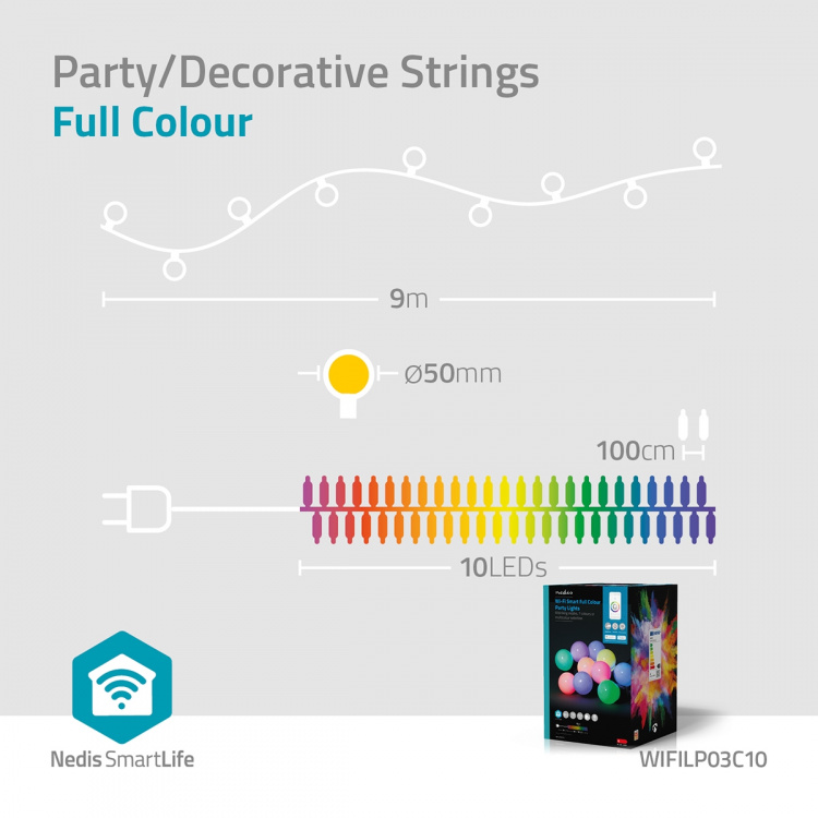 Nedis SmartLife Dekorative Lys | Party Lights | Wi-Fi | Hvit / RGB | 10 LED\'s | 9.00 m | Android™ / IOS | Pære diameter: 50 mm Nedis SmartLife Dekorative Lys | Party Lights | Wi-Fi | Hvit / RGB | 10 LED\'s | 9.00 m | Android™ / IOS | Pære diameter: 50 mm