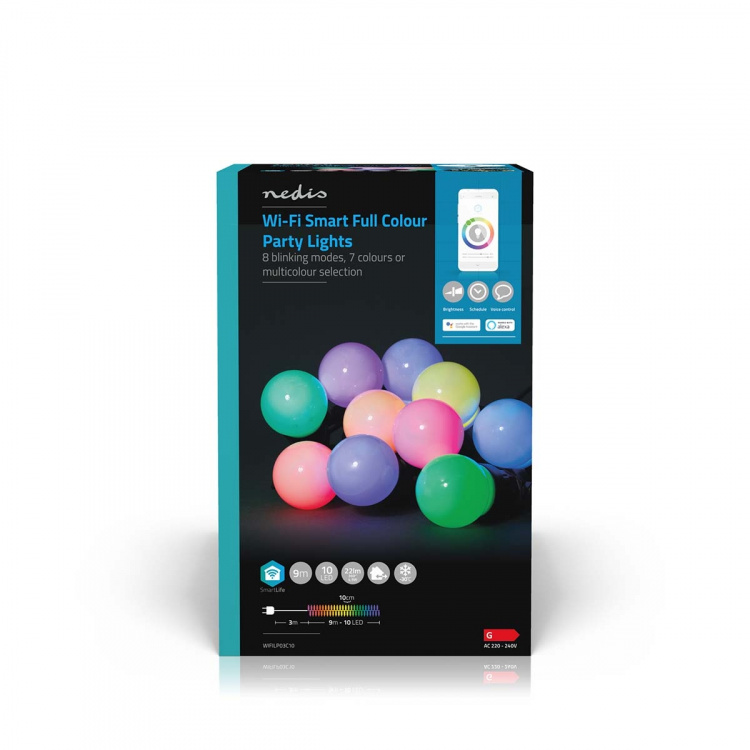 Nedis SmartLife Dekorative Lys | Party Lights | Wi-Fi | Hvit / RGB | 10 LED\'s | 9.00 m | Android™ / IOS | Pære diameter: 50 mm Nedis SmartLife Dekorative Lys | Party Lights | Wi-Fi | Hvit / RGB | 10 LED\'s | 9.00 m | Android™ / IOS | Pære diameter: 50 mm