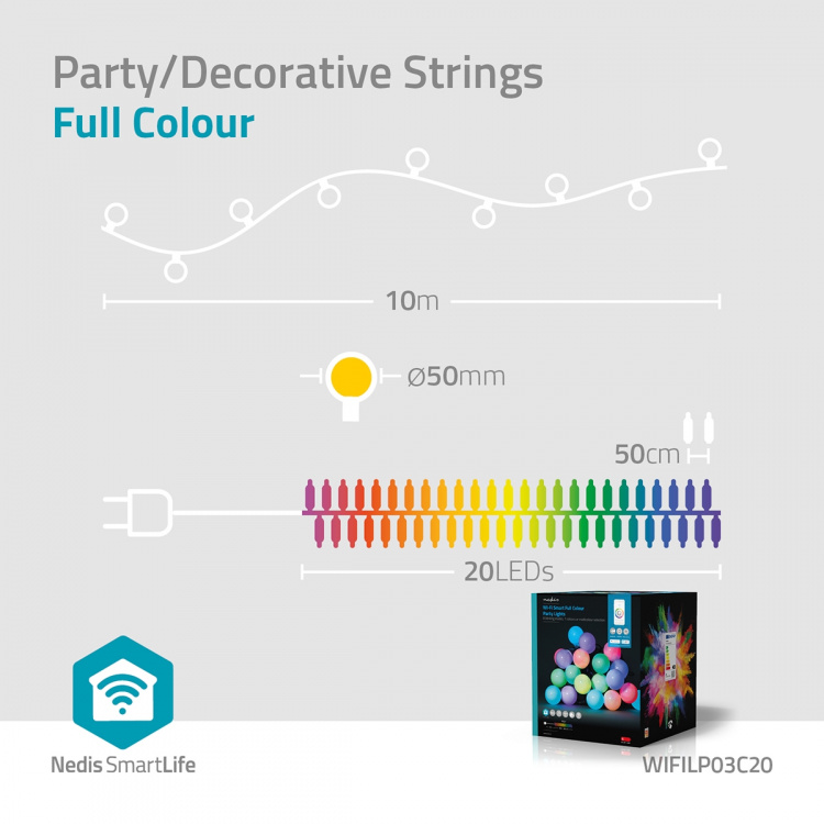 Nedis SmartLife Dekorative Lys | Party Lights | Wi-Fi | Hvit / RGB | 20 LED\'s | 10 m | Android™ / IOS | Pære diameter: 50 mm Nedis SmartLife Dekorative Lys | Party Lights | Wi-Fi | Hvit / RGB | 20 LED\'s | 10 m | Android™ / IOS | Pære diameter: 50 mm