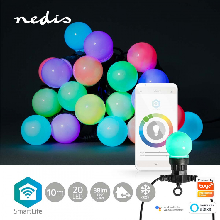 Nedis SmartLife Dekorative Lys | Party Lights | Wi-Fi | Hvit / RGB | 20 LED\'s | 10 m | Android™ / IOS | Pære diameter: 50 mm Nedis SmartLife Dekorative Lys | Party Lights | Wi-Fi | Hvit / RGB | 20 LED\'s | 10 m | Android™ / IOS | Pære diameter: 50 mm