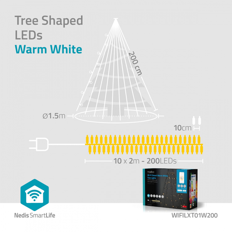 Nedis SmartLife Julelys | Tre | Wi-Fi | Varm Hvit | 200 LED\'s | 20.0 m | 10 x 2 m | Android™ / IOS Nedis SmartLife Julelys | Tre | Wi-Fi | Varm Hvit | 200 LED\'s | 20.0 m | 10 x 2 m | Android™ / IOS