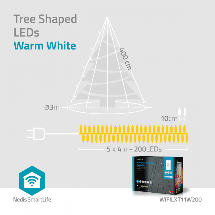 Nedis SmartLife Julelys | Tre | Wi-Fi | Varm Hvit | 200 LED\'s | 20.0 m | 5 x 4 m | Android™ / IOS
