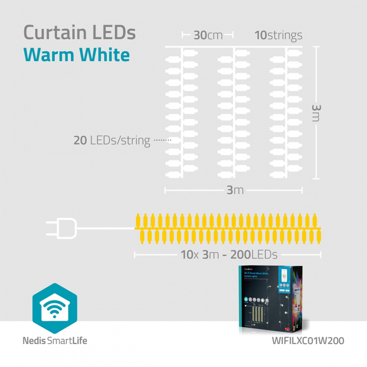 Nedis SmartLife Julelys | Gardin | Wi-Fi | Varm Hvit | 200 LED\'s | 3.00 m | Android™ / IOS