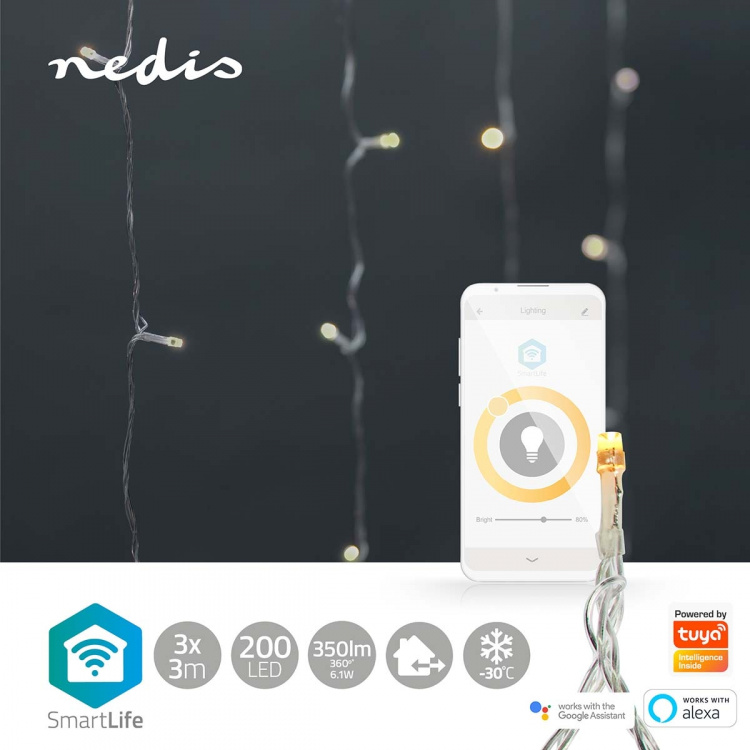 Nedis SmartLife Julelys | Gardin | Wi-Fi | Varm Hvit | 200 LED\'s | 3.00 m | Android™ / IOS
