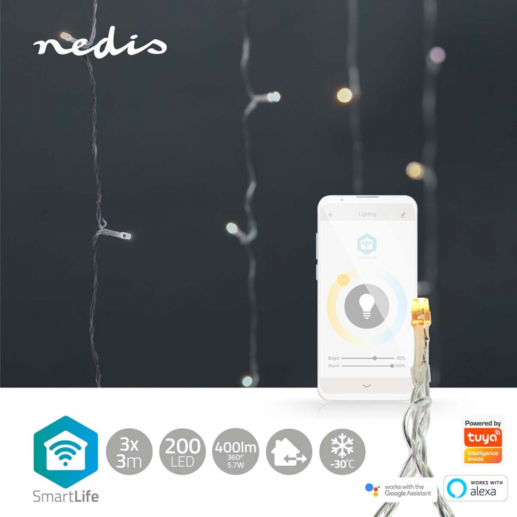 Nedis SmartLife Julelys | Gardin | Wi-Fi | Varm til avkjølt hvitt | 200 LED\'s | 3 m | Android™ / IOS Nedis SmartLife Julelys | Gardin | Wi-Fi | Varm til avkjølt hvitt | 200 LED\'s | 3 m | Android™ / IOS
