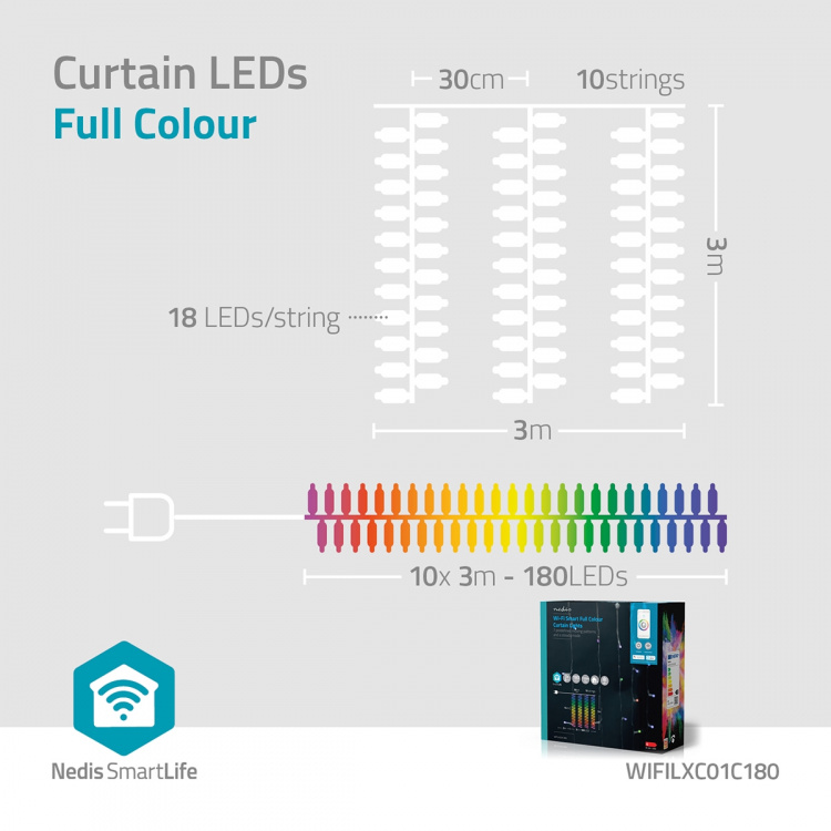 Nedis SmartLife Julelys | Gardin | Wi-Fi | RGB | 180 LED\'s | 3 m | Android™ / IOS