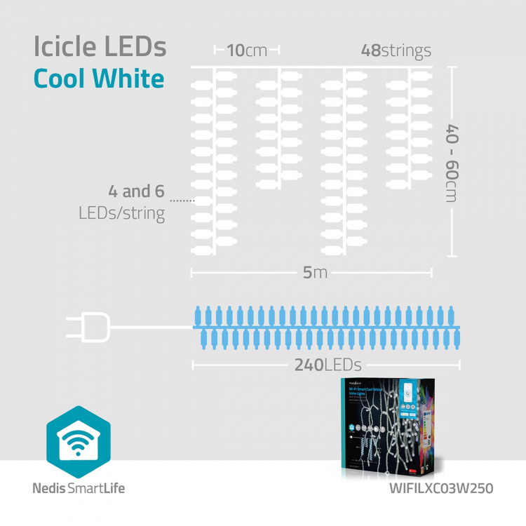 Nedis SmartLife Julelys | Istapp | Wi-Fi | Kald Hvit | 240 LED\'s | 5.00 m | Android™ / IOS